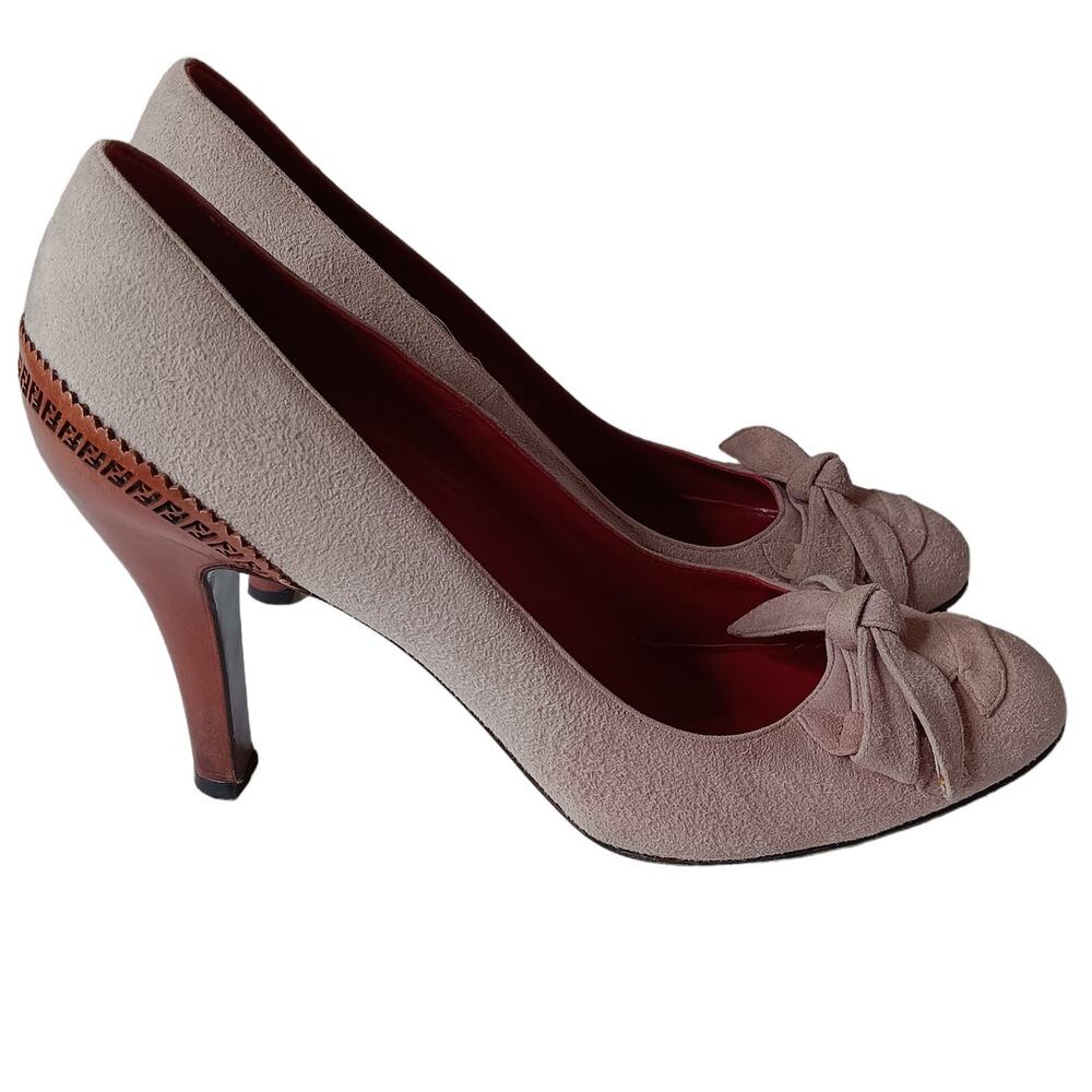 FENDI Heels Pumps Retro Wood Trim Suede Size Size 8 38 Beige Cream Bow Round Toe